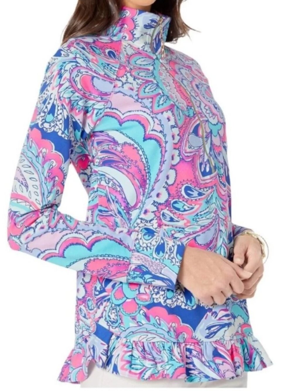 Pink Lily Pulitzer Ruffle Top women's size xs Tropical Paisley UPF 50+ Summer